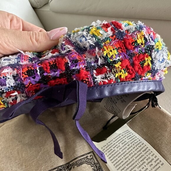 NWT GUCCI LAME BERET CAP Check Lame Sz L Multicolour Violet Tweed - Picture 10 of 14